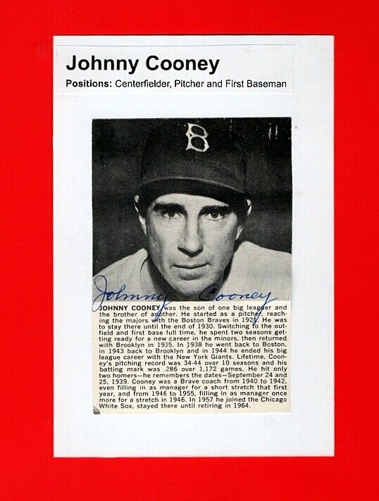 1935-37 JOHNNY COONEY-BROOKLYN DODGERS AUTOGRAPHED 4X6 Photo Poster painting-d.1986