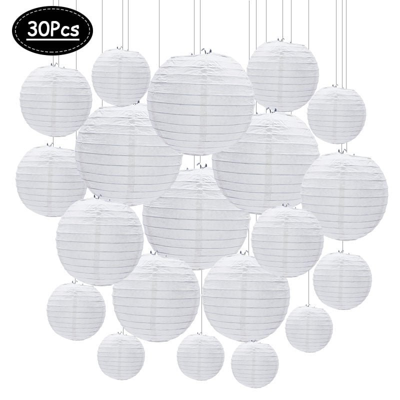 30pcs/lot 4 -12 White Chinese Paper Lanterns Ball Hanging Round Lantern for Wedding Birthday Party Eid Ramadan Decorations