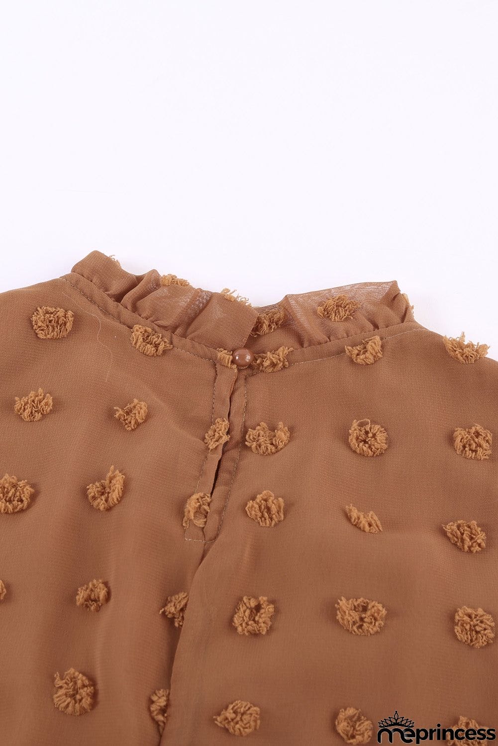 Brown Short Ruffled Sleeve Swiss Dot Blouse