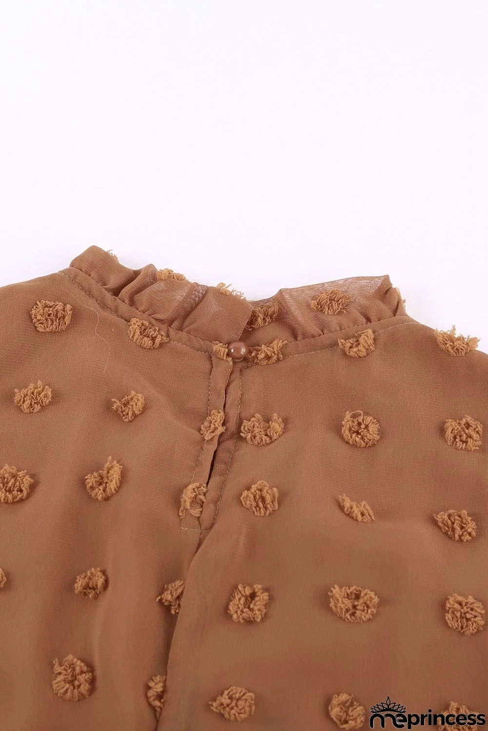 Brown Short Ruffled Sleeve Swiss Dot Blouse