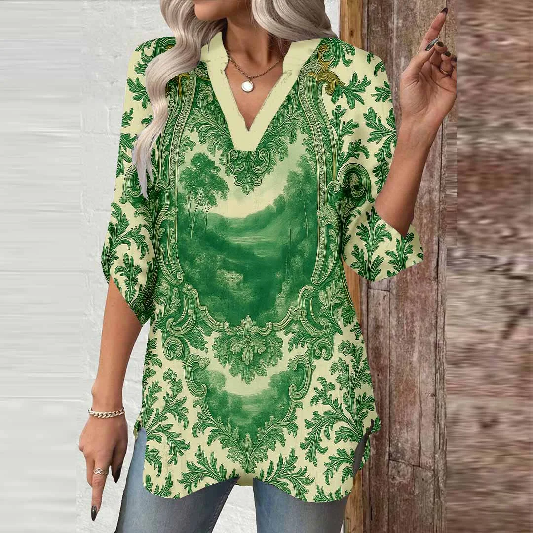 Women Retro, Green DZGA0175 3/4 Sleeve V-neck Printed Graphic Button Tops