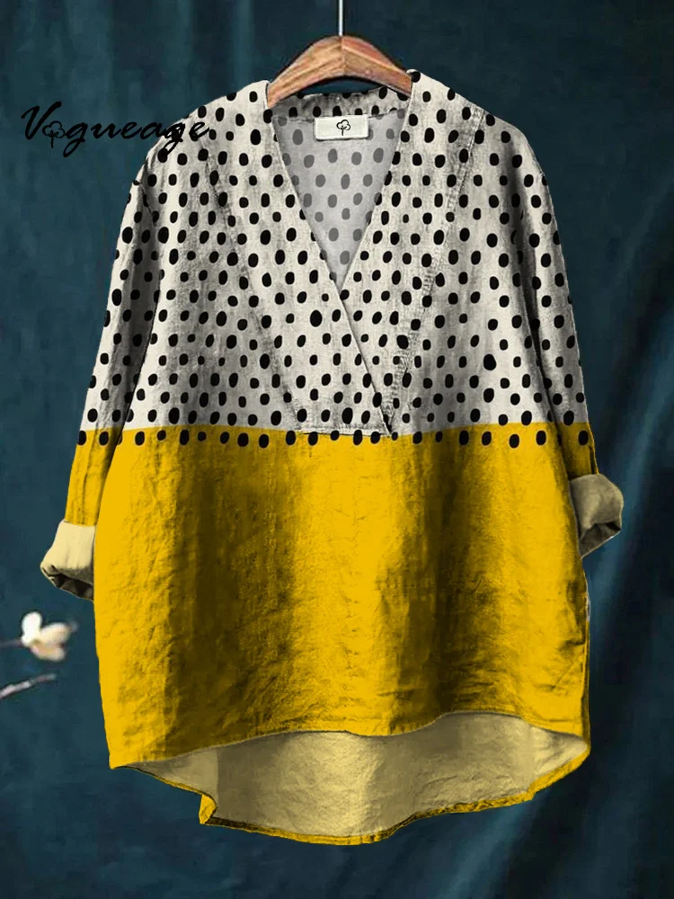 Gentle And Elegant Black Spots And Bright Yellow Stitching Printed Cotton And Linen Shirt