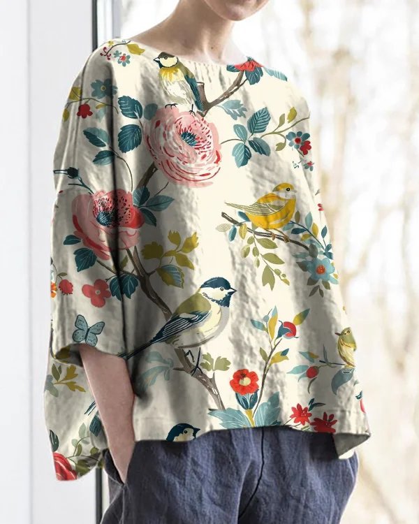 Retro Flower and Bird Art Print Round Neck Cotton and Linen Loose Top