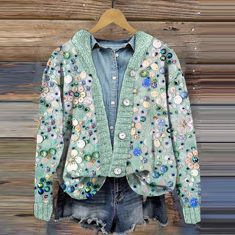 Comstylish Sequin Flower Art Print Long Sleeve Knitted Cardigan