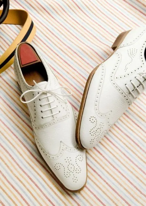 Handmade Men Wingtip Dress Shoes, Brogue Shoes White Formal Shoes