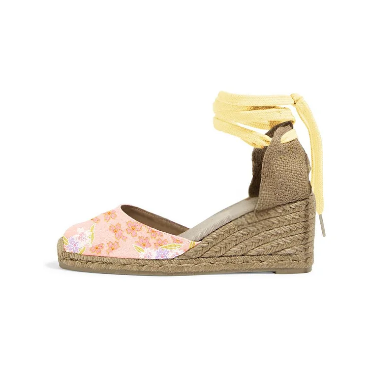Pink Floral Espadrille Wedges with Ankle Wrap and Closed Toe Vdcoo