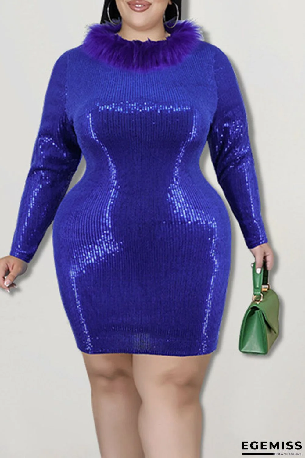 Blue Fashion Sexy Solid Sequins Patchwork Feathers O Neck One Step Skirt Plus Size Dresses | EGEMISS