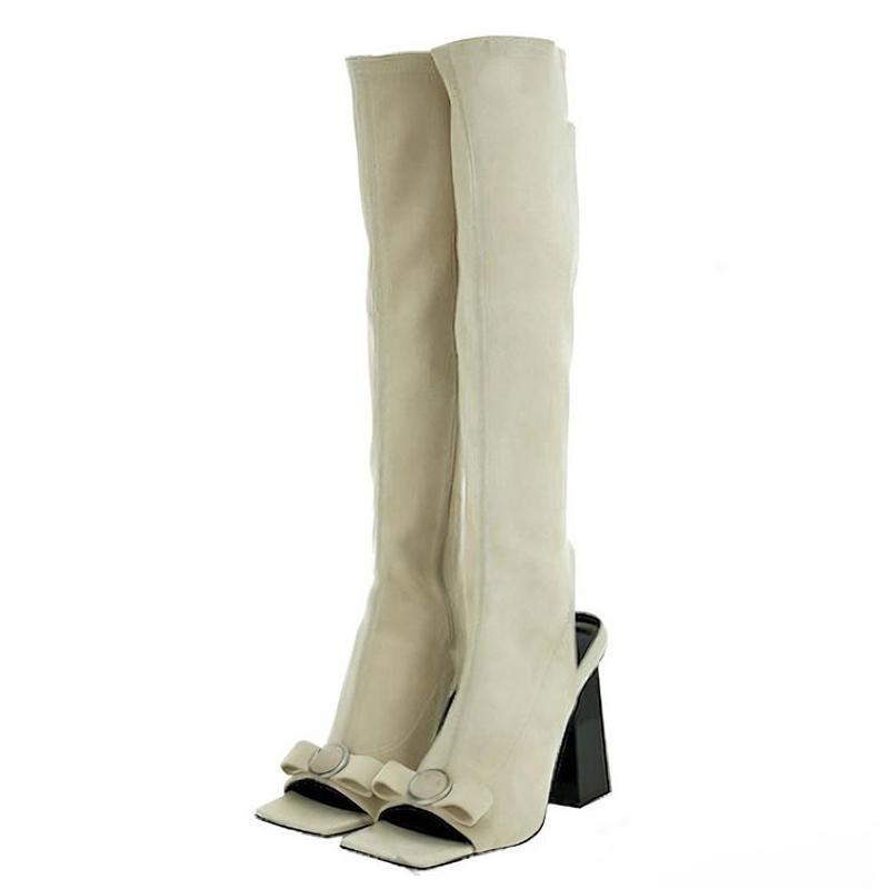 GOOSHOE Women Chunky Heels Knee High Boots Open Toe Bow Back Cut Out Shoes Side Zipper Stretch Long Booties