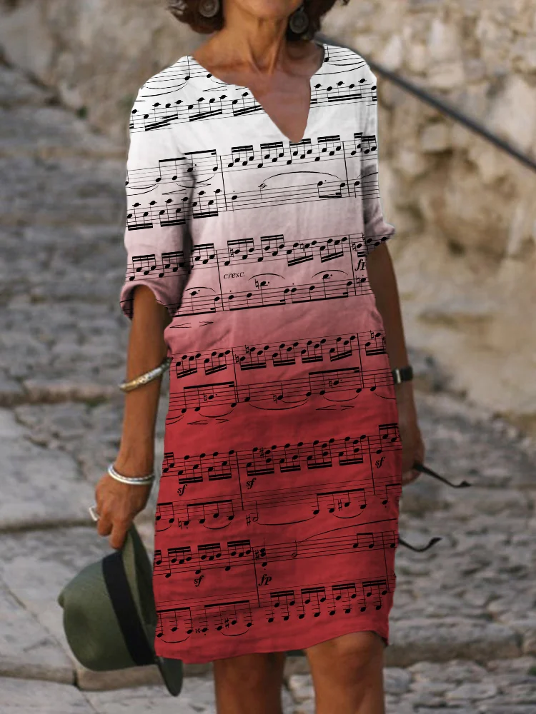 Sheet Music Gradient Notch Neck Midi Dress