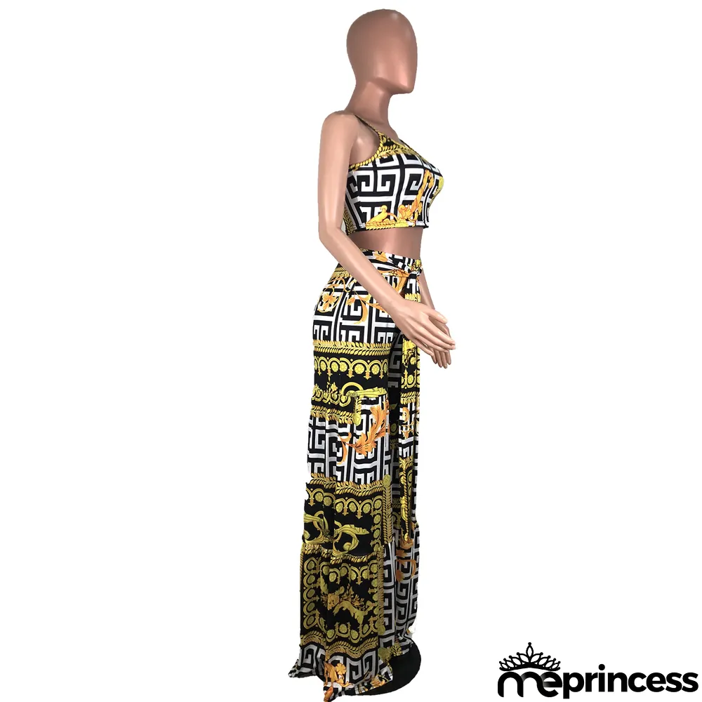 Print Retro Straps Crop Top and High Waist Trousers