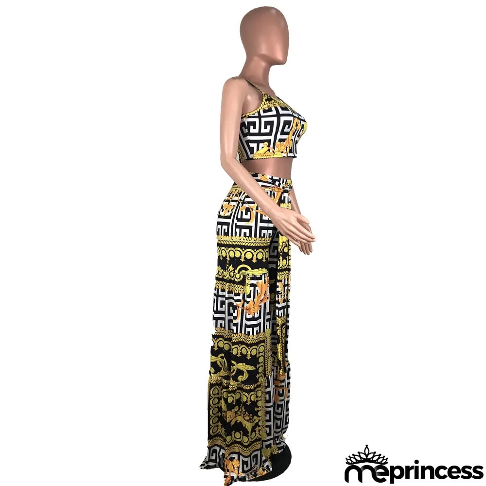 Print Retro Straps Crop Top and High Waist Trousers