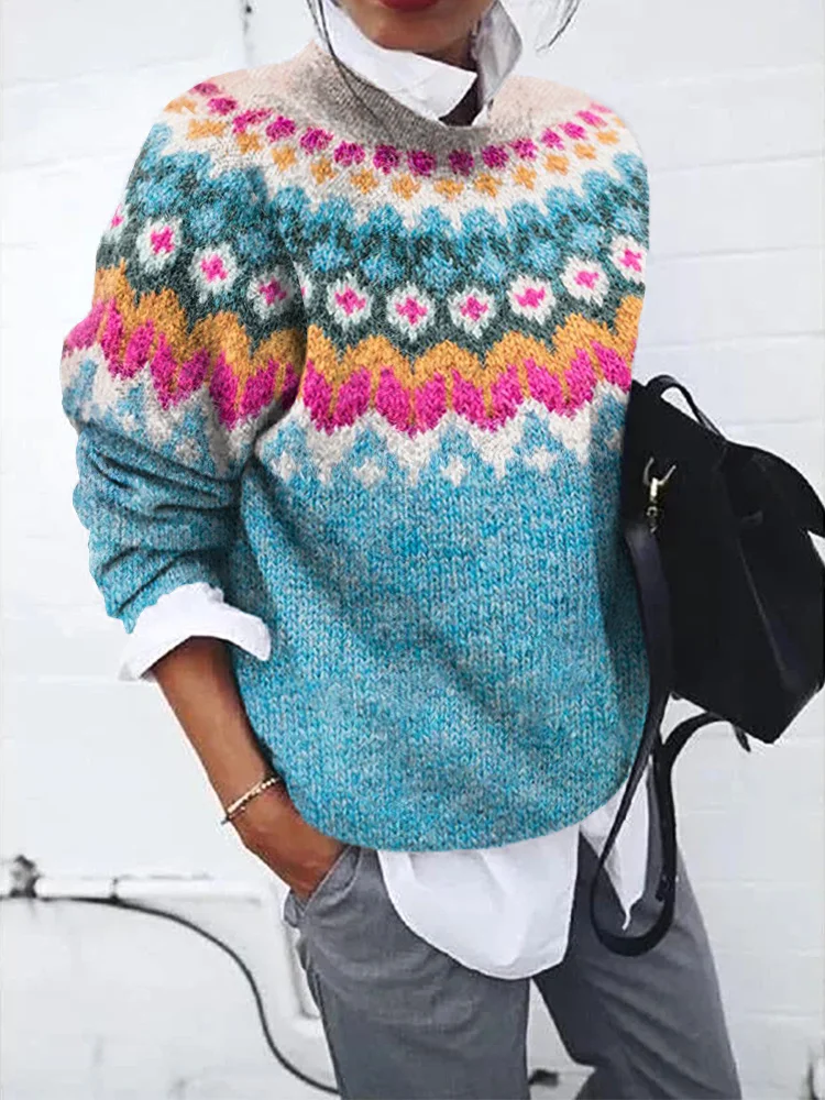 Iceland Contrast Jacquard Cozy Knit Sweater