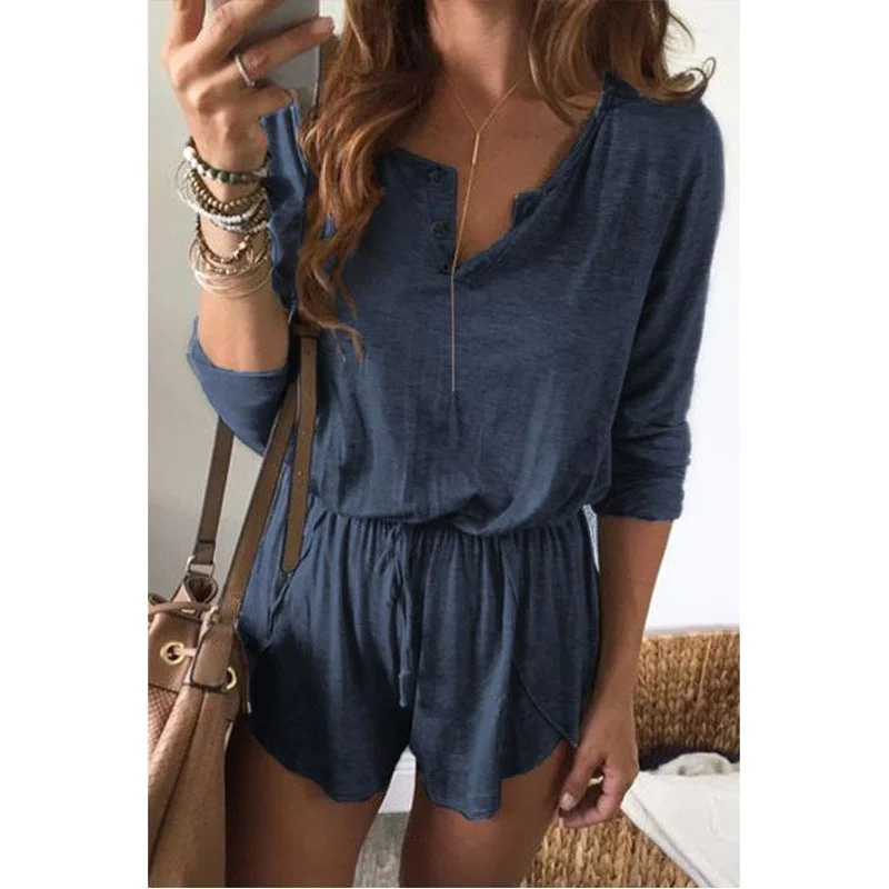 Women's Solid Color Lace-up Long-sleeved Shorts Jumpsuit