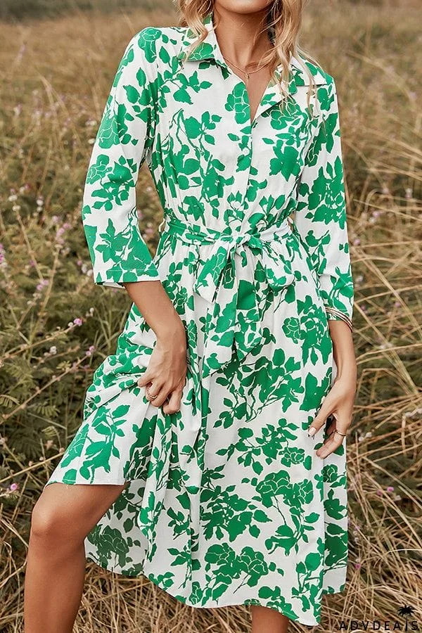 Fashion Women's Green Print Lace-up Dress