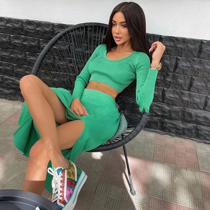 Tawnie 2022 Spring Autumn Knitted Sexy Women Dress Sets Casual Fashion Women's Suit With Long Sleeve Pullover Top & Split Skirt