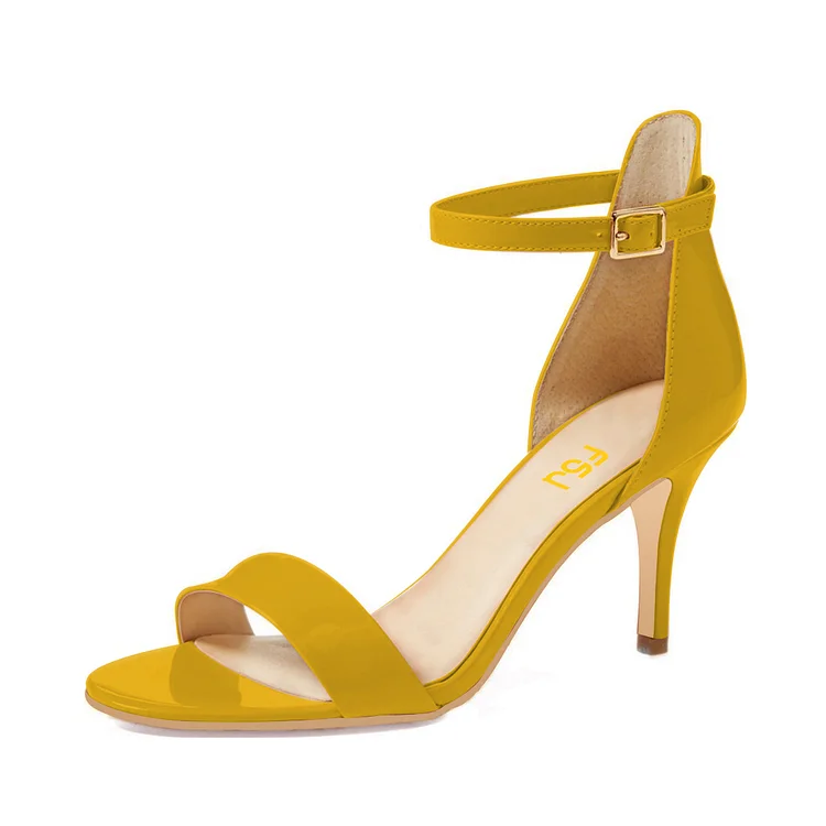 Yellow Patent Leather Stiletto Heel Ankle Strap Sandals |FSJ Shoes