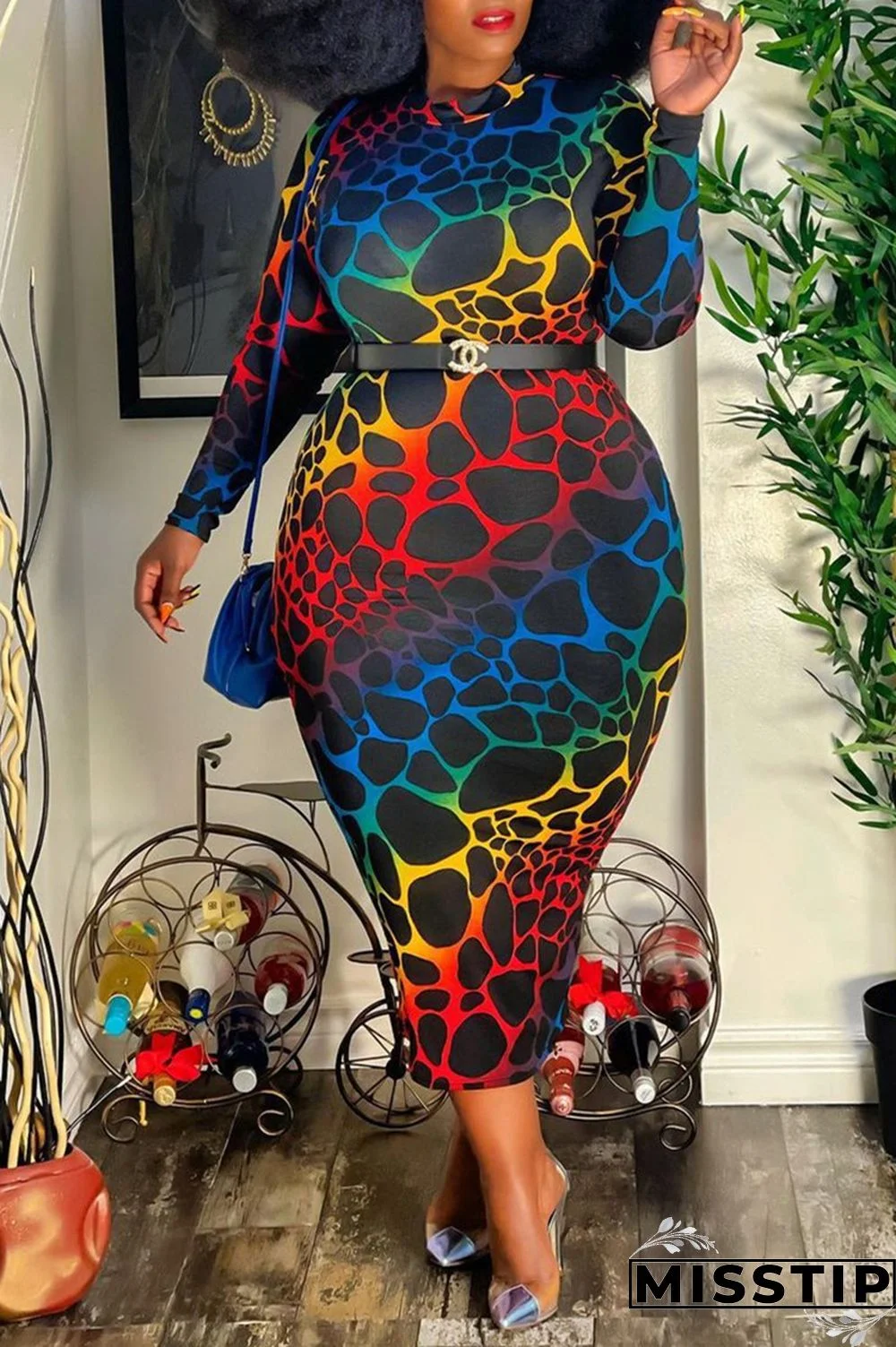 Multicolor Fashion Casual Print Without Belt O Neck Plus Size Dresses