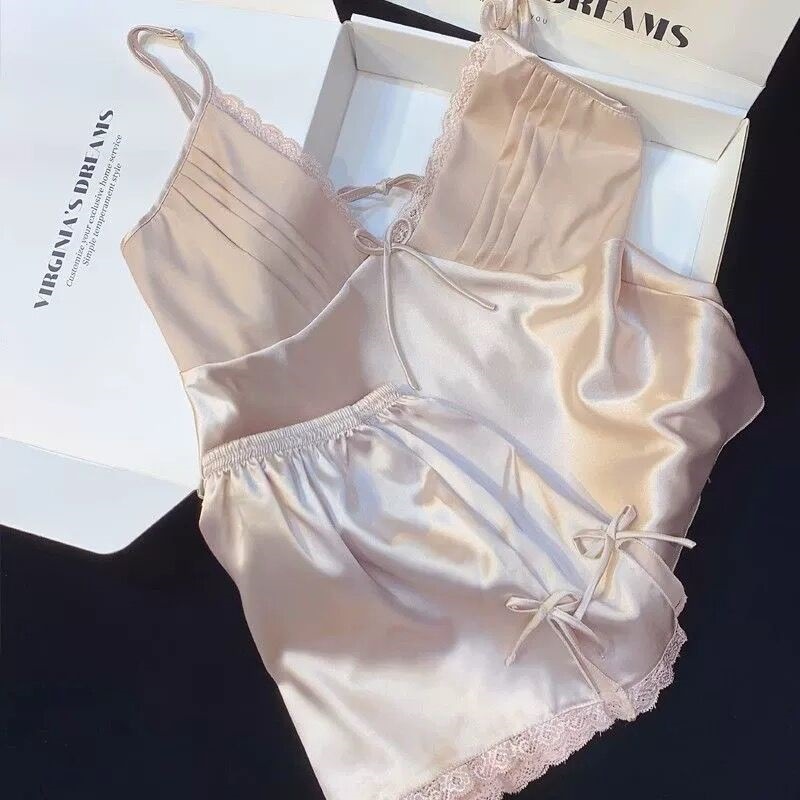 Xinyulin Lady Sexy Lingerie Backless Pyjamas Home Clothes Ice Silk Pajamas Set 2Pcs Cami Shorts Suit Attractive Sleepwear Loungewear