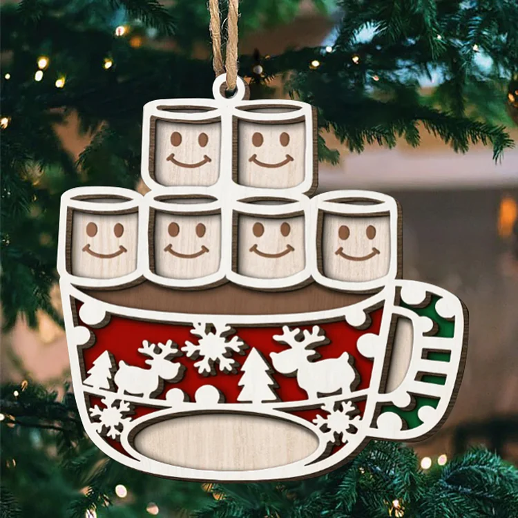 Christmas Family Ornament Custom 6 Names Coffee Cup Layered Wood Christmas Ornament
