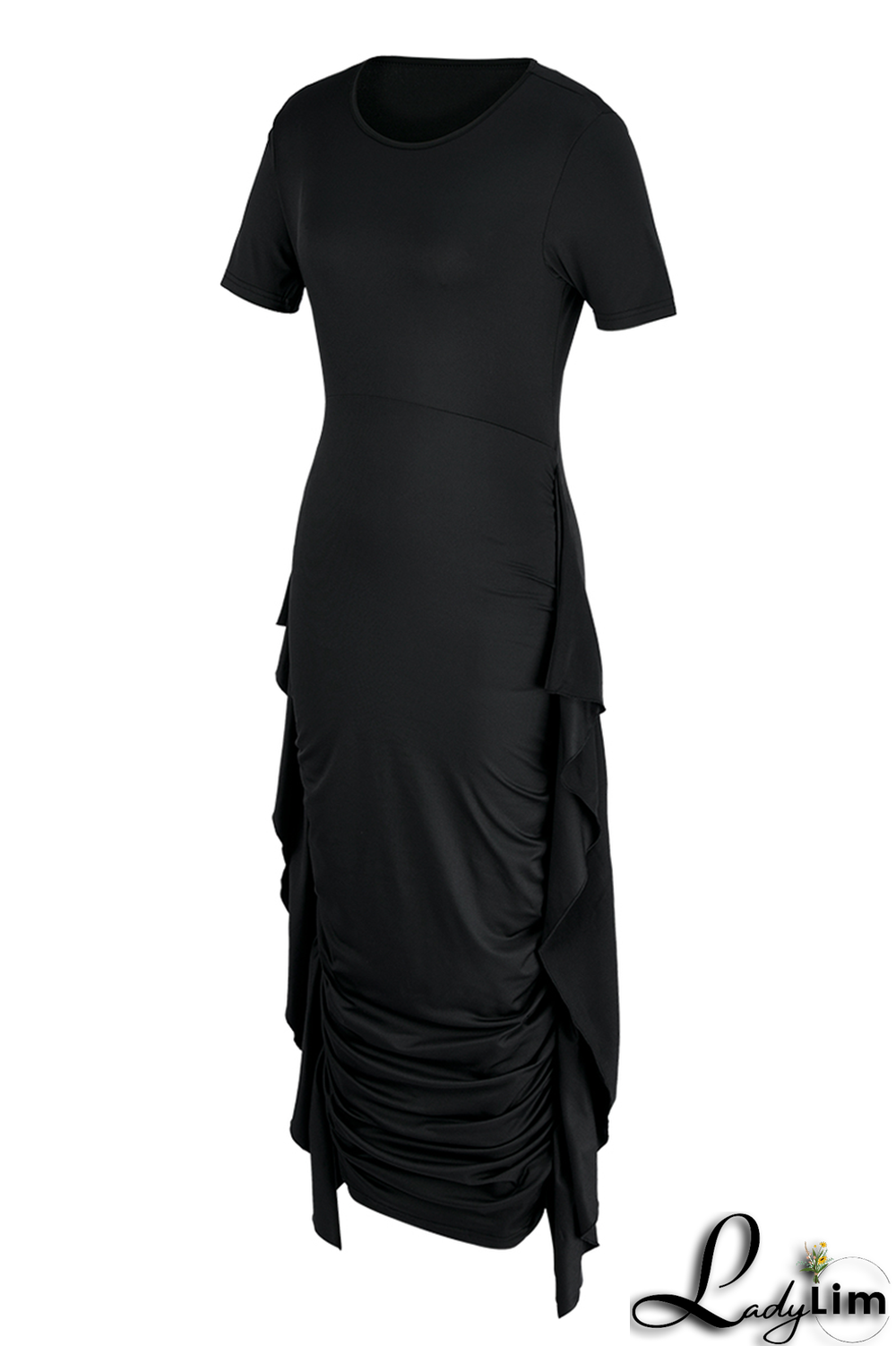 Yellow Fashion Solid Flounce Fold O Neck Pencil Skirt Dresses