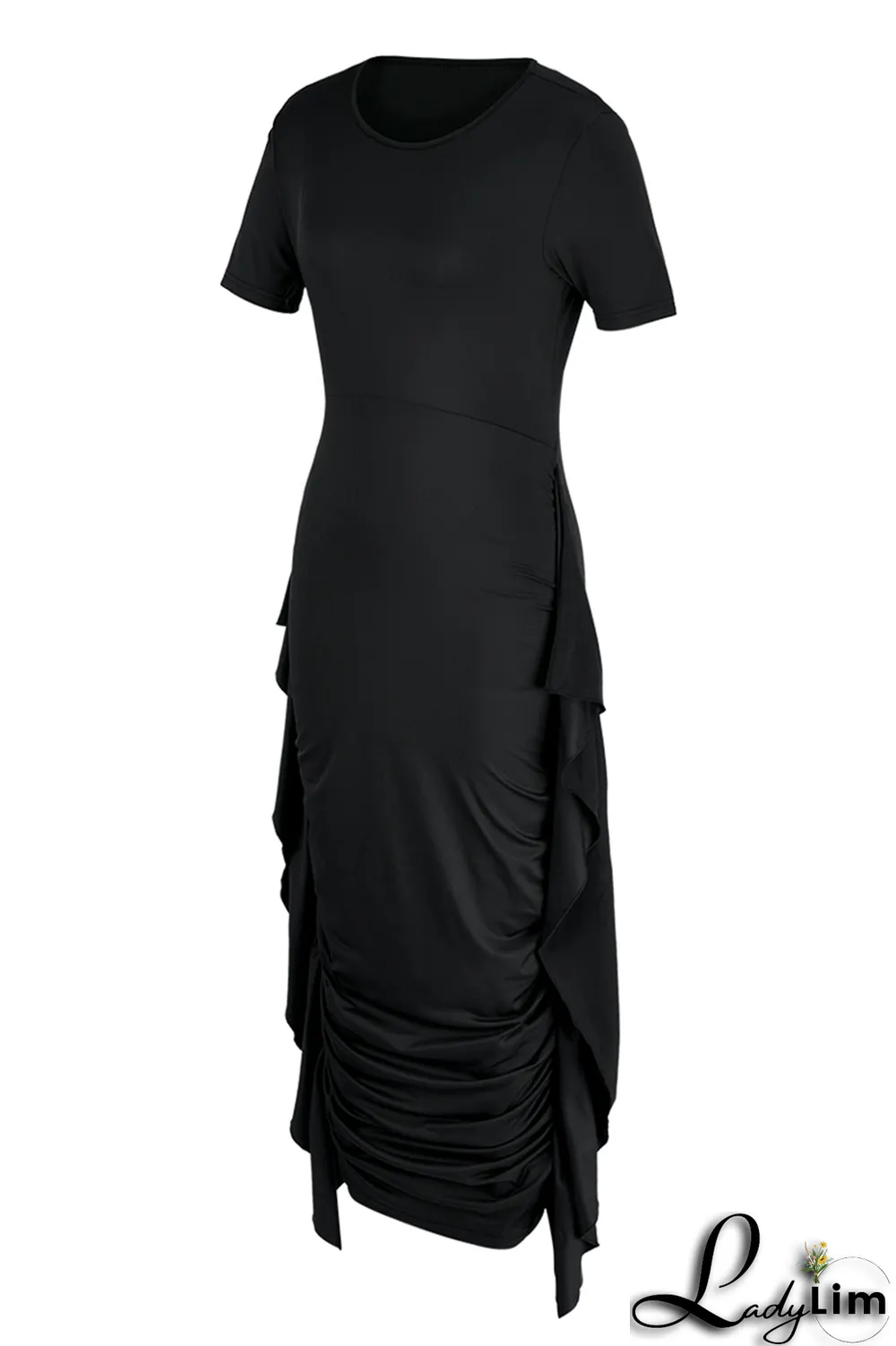 Yellow Fashion Solid Flounce Fold O Neck Pencil Skirt Dresses