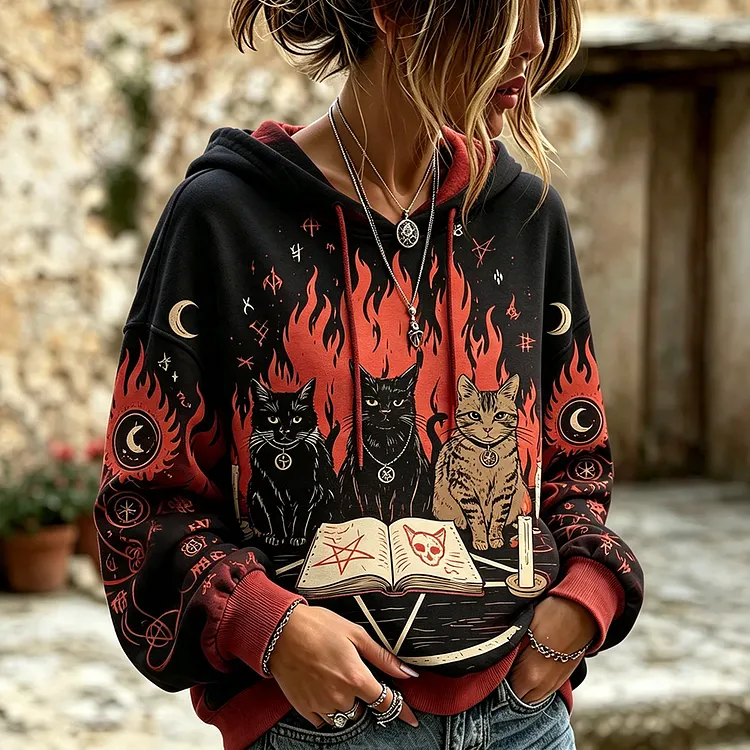 Women's Gothic Black Pullover Hoodie With Black Cats, Occult Flames, Magic Book, And Pentagram Print