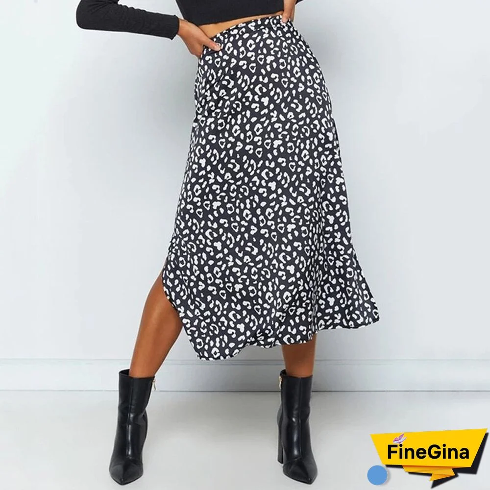 New Sexy Leopard Print Chiffon Split Skirt Casual Fashion Long Skirts For Women Spring Summer Zip Elegant Female Skirt