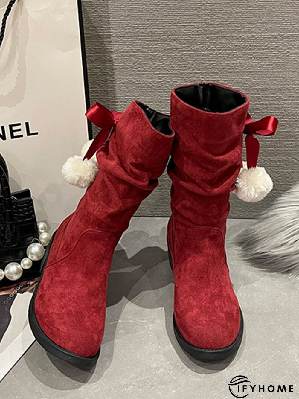 Christmas Pompom Decor Faux Suede Slouchy Boots | IFYHOME