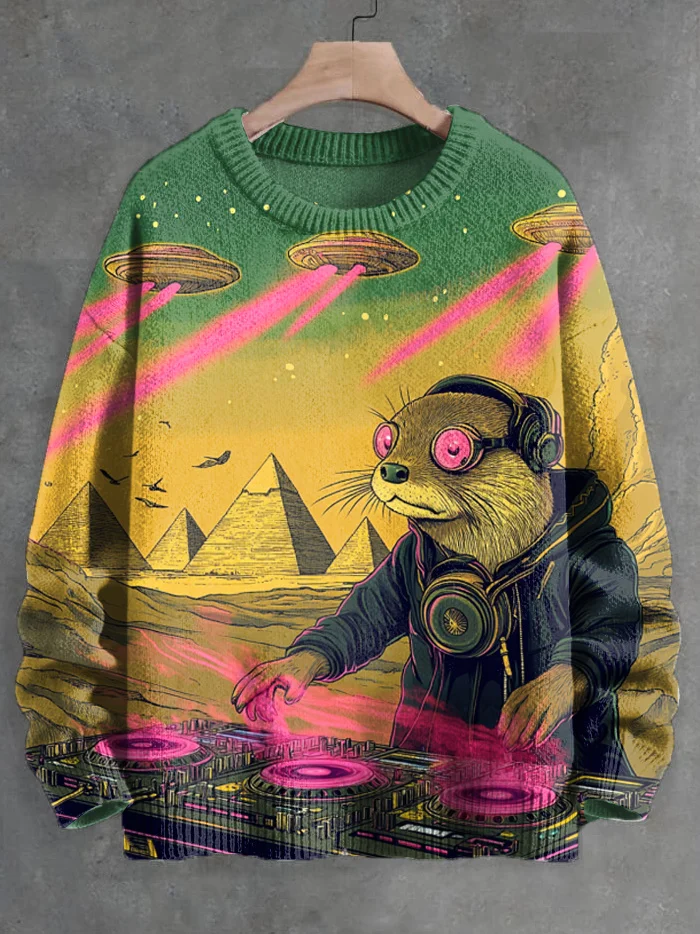 Men's UFO Otter DJ Pyramids Sci-Fi Art Print Knit Sweatshirt