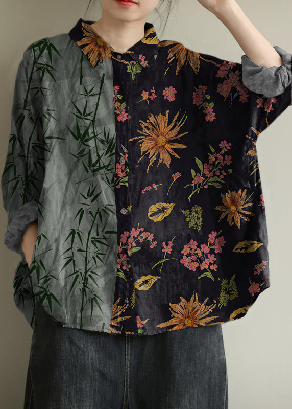 VCSHOES black flower tunic pattern lapel baggy fall top