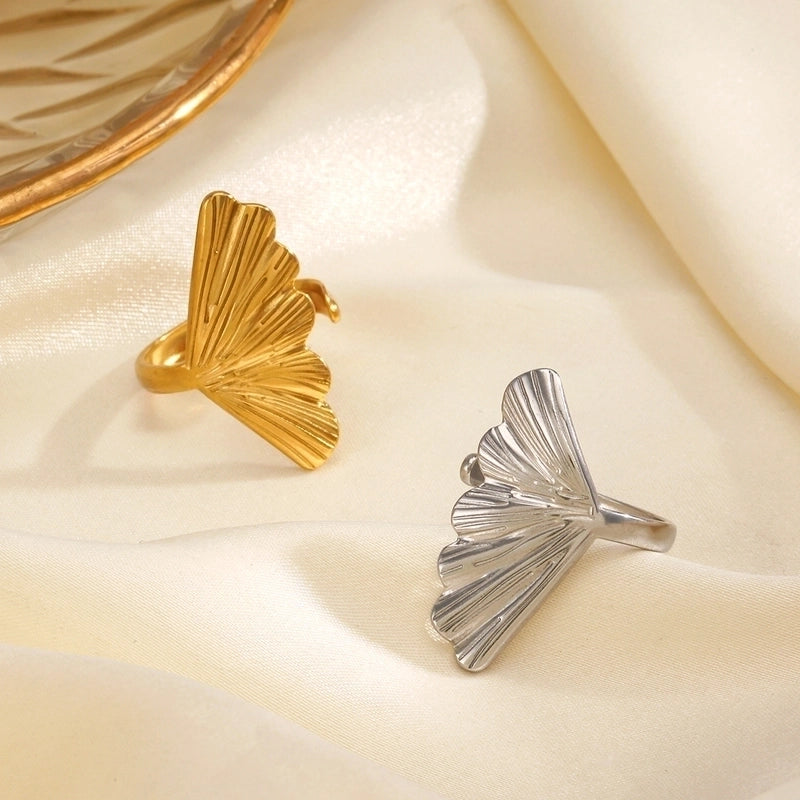 IG Style Ginkgo Leaf 304 Stainless Steel 18K Gold Plated Open Rings