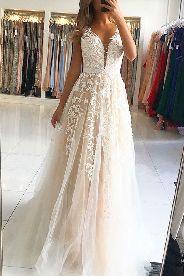 Ovlias Stunning Champagne Wide Shoulder Straps Applique Tulle Prom Dress LY0526