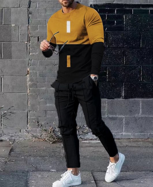 Color Block Panel Retro Long Sleeve Shirt & Pants Set