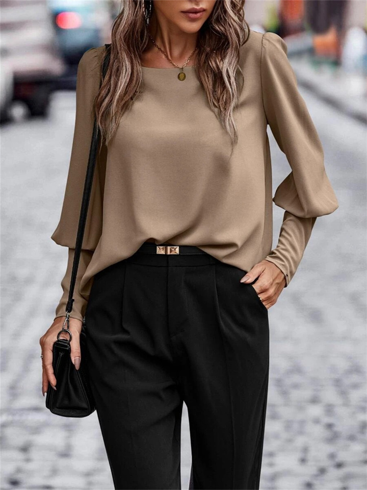 Women's Solid Color T-shirt Long-sleeved Solid Color Casual Round Neck Tops