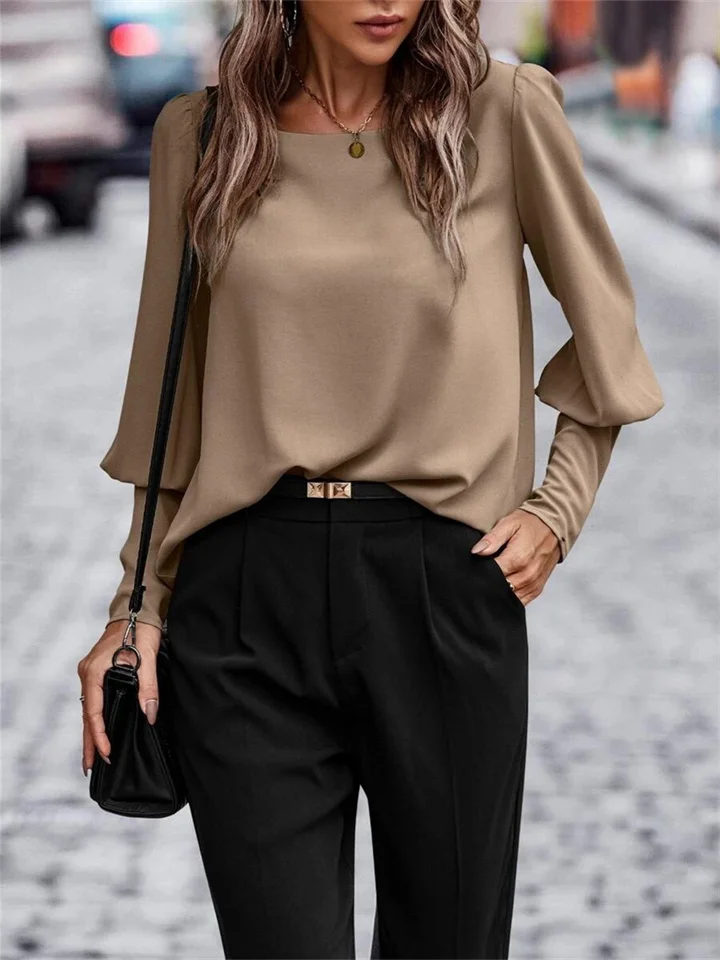 Women's Solid Color T-shirt Long-sleeved Solid Color Casual Round Neck Tops