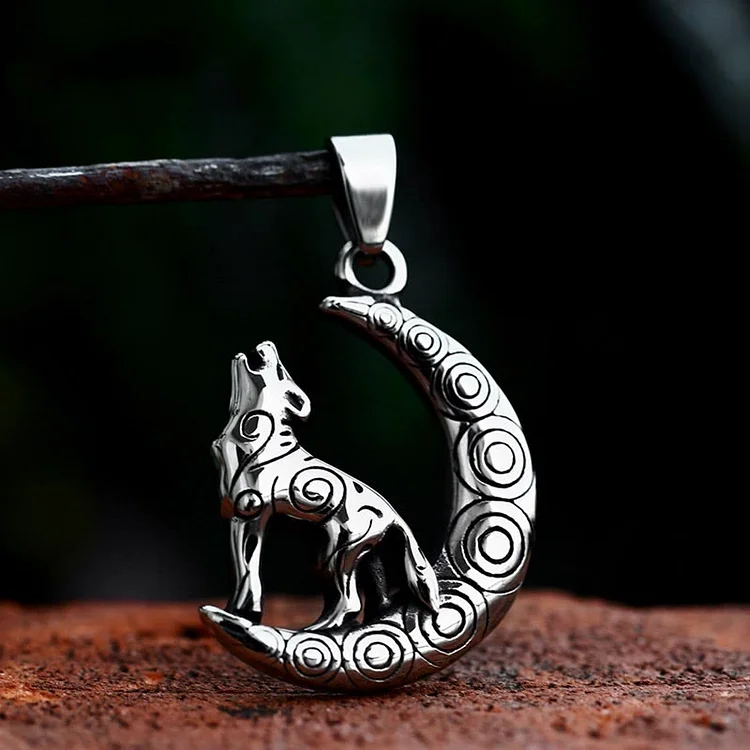 Coutureaura Viking Wolf With Crescent Moon Pendant Necklace
