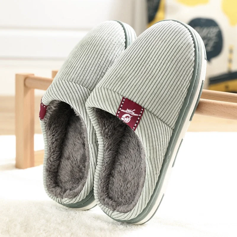 Women And Men Couple Winter Slipper Women's Stripe Pattern Cotton Shoes Men's Warm Non-Slip Thick Plush Home Fabric Slippers