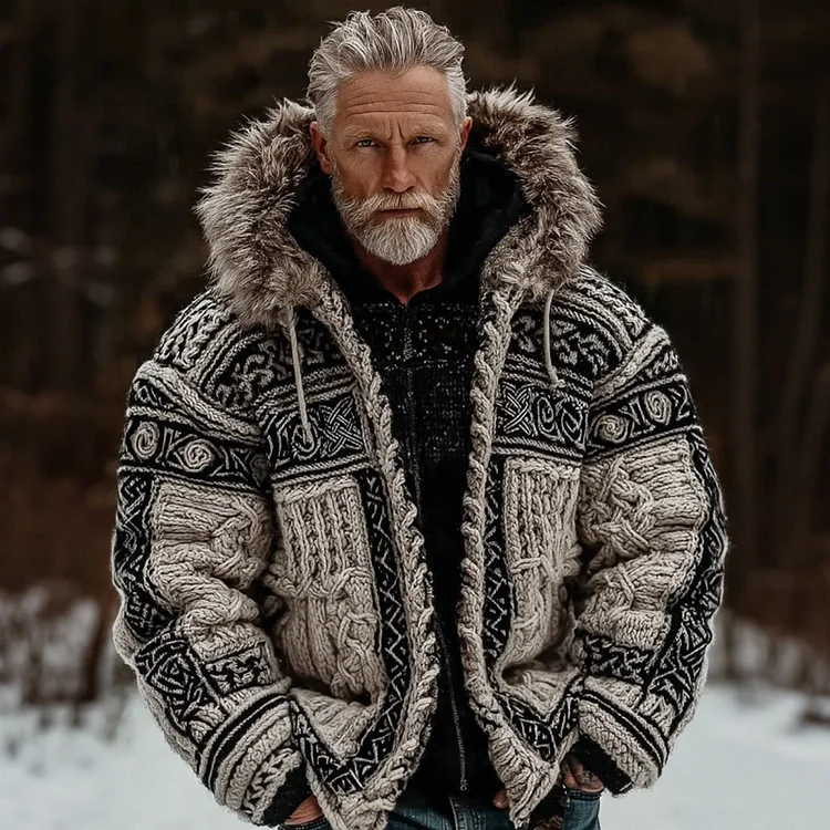 Men's Viking Celtic Knot Cozy Fur Hooded Cardigan
