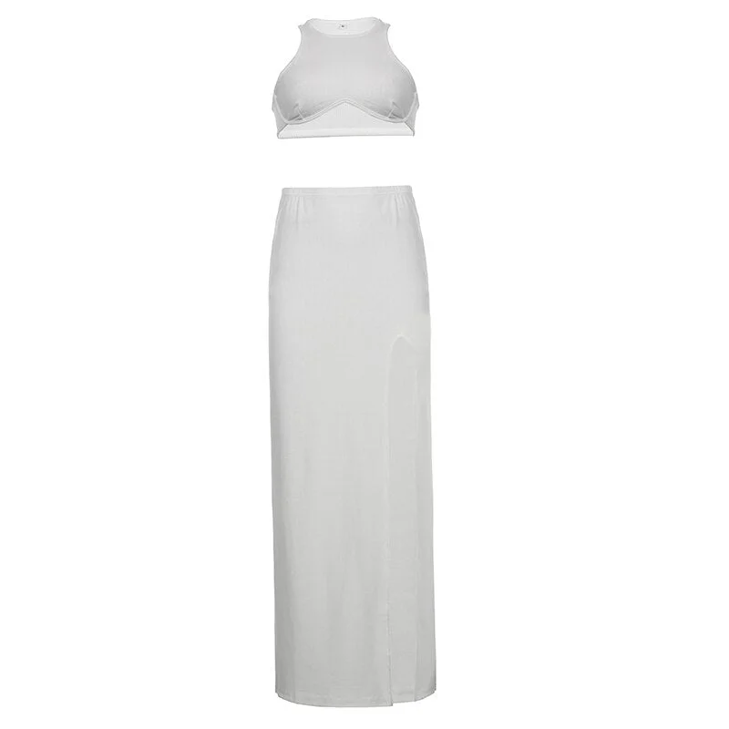 BIIKPIIK Solid Wrapped Chest Crop Top + Hight Slit Maxi Skirt Matching Sets Party Vacation Outfits For Women Elegant 2 Piece Set