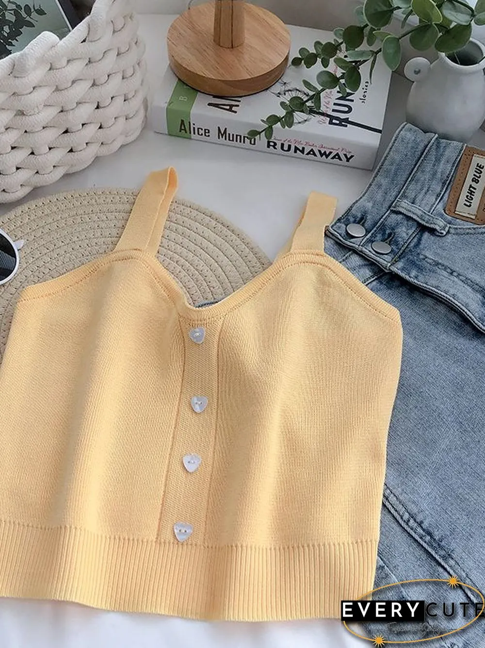 Heliar Tops Women Crop Tops Summer Plain Button Up Cute Knitted Tops Tank Tops For Women New Fashion