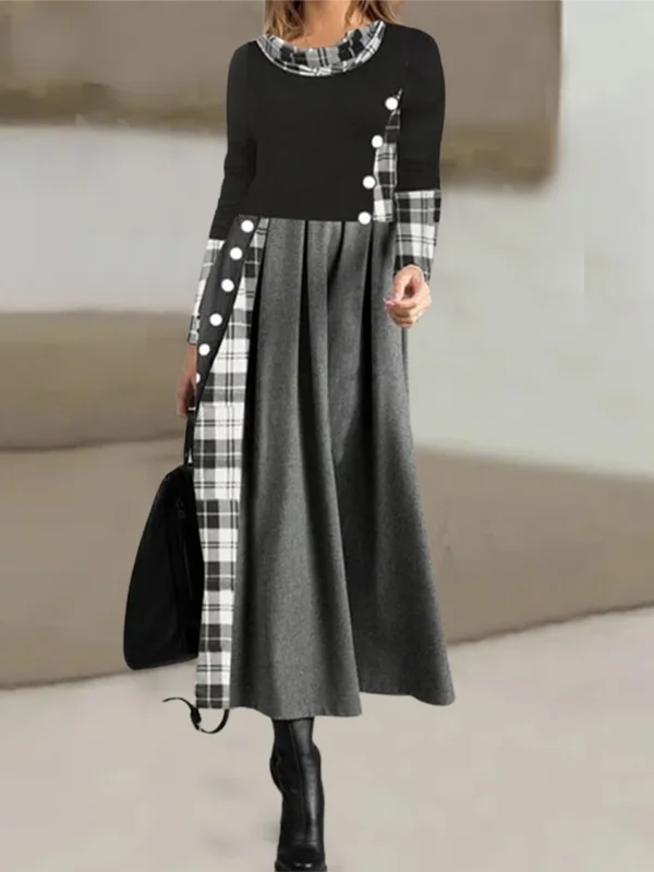 Round neck plaid print long-sleeve dress