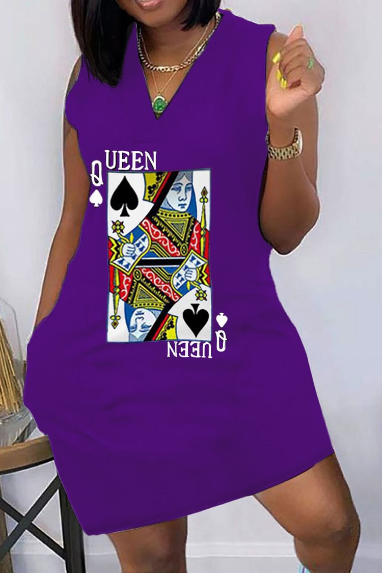 Plus Size Purple Daily V-neck Poker Print Mini Dress [Pre-Order]