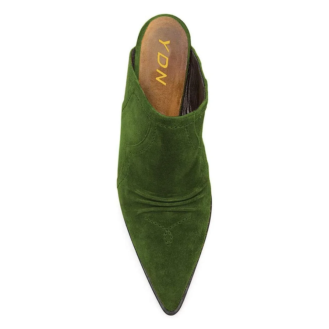 Green Vegan Suede Pointed Toe Kitten Heel Simple Mules Shoes