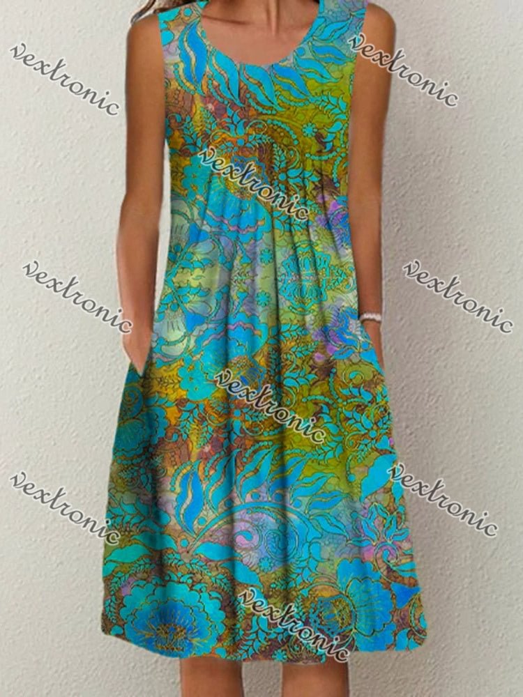 Women's Sleeveless Scoop Neck Graphic Floral Printed Midi Dress