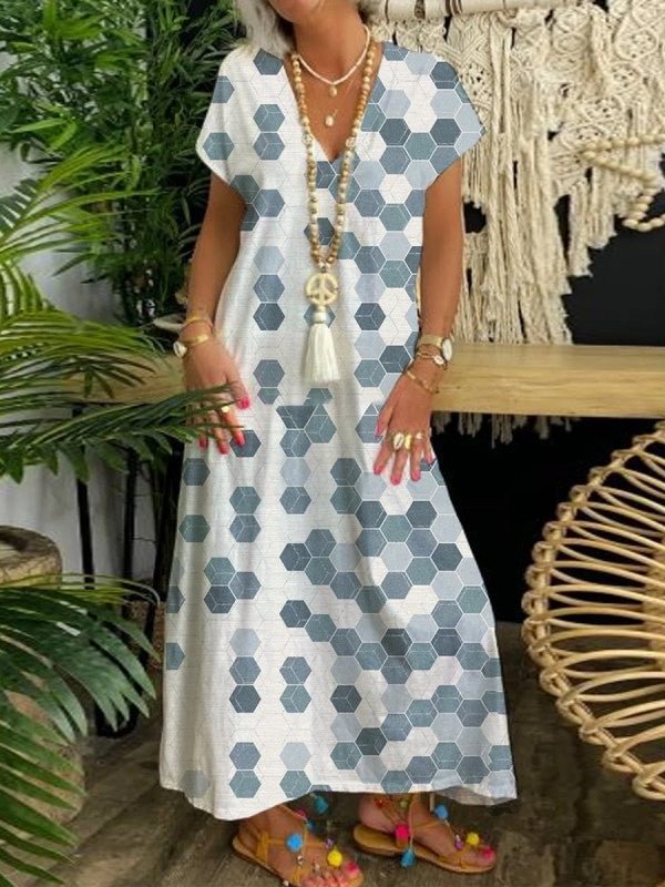 Women's Short Sleeve V-neck Geometric Printed Maxi Dress