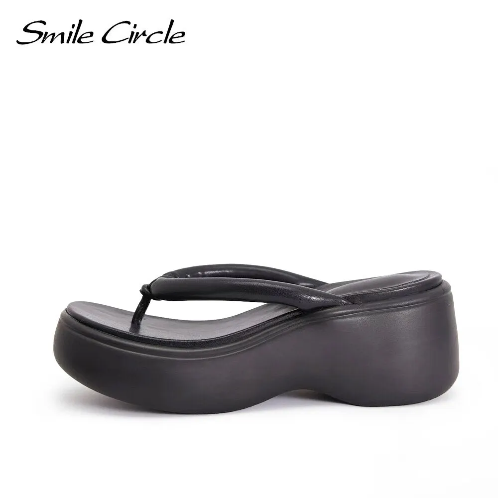 Smile Circle Flip Flops Women Flats Platform Wedges slippers Summer High heels Slippers Comfortable Beach Shoes sandalias