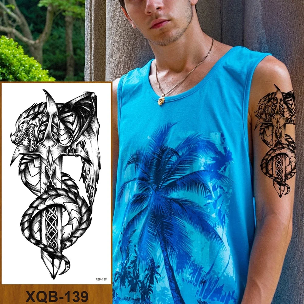 Temporary Flower Arm Tattoos Stickers Samurai Sword Dragon Snake Totem Men Women Girls Chest Fake Tatoo Drop Shipping DIY