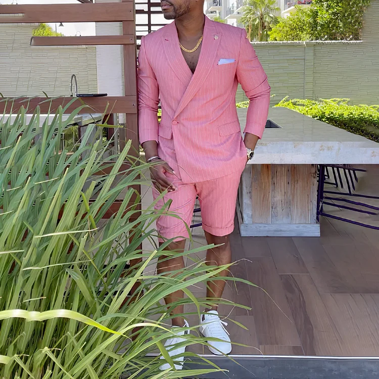 VChics Men's Fashion Pink Stripes Blazer And Shorts Two Piece Set
