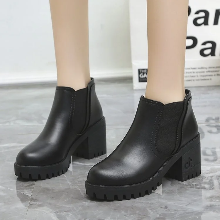 Wongn Wongn Ankle Boots Waterproof Platform Thick Heel High Heel Leather Boots Fashion Women's Shoes