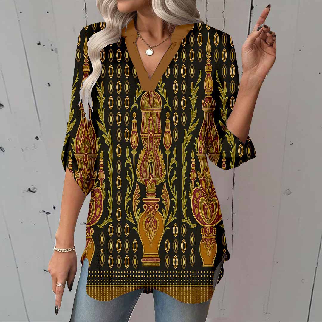 Women Retro, Black, Brown DZGA0408 3/4 Sleeve V-neck Printed Graphic Button Tops